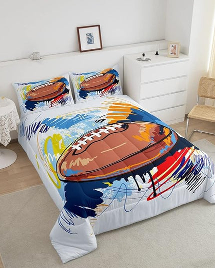 Boys Football Comforter Set Queen Kids Teen Sports Bedding Set Bedroom Decor,Watercolor Tie Dye Hand Drawn Graffiti Football Bedding Comforter Sets Rugby Quilt Duvet 2 Pillow Cases Colorful Brown - LeafyLoom