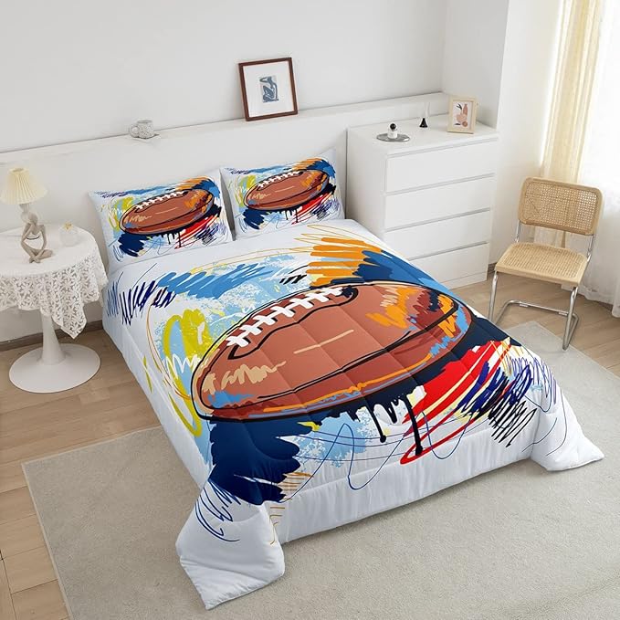 Boys Football Comforter Set Queen Kids Teen Sports Bedding Set Bedroom Decor,Watercolor Tie Dye Hand Drawn Graffiti Football Bedding Comforter Sets Rugby Quilt Duvet 2 Pillow Cases Colorful Brown - LeafyLoom