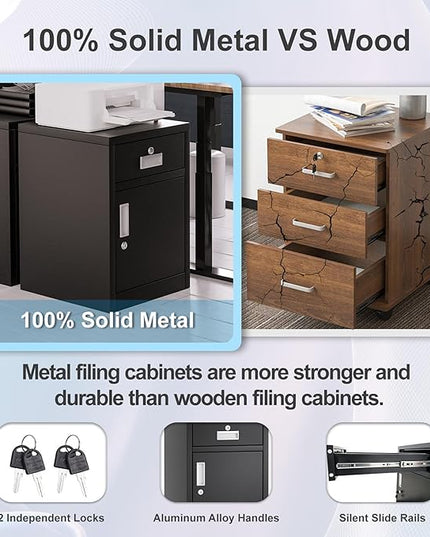 File Cabinet with Lock, Under Desk Locking Cabinet,Filing Cabinet for Home Office,Metal Filing Cabinet,Printer Stand Cabinet (Black) - LeafyLoom