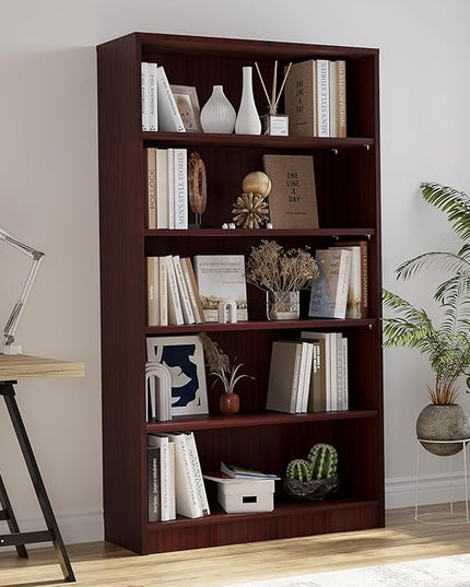 Farini 5 shelf boockase Display Bookcase Freestanding Wooden Bookshelves for Home Office Living Room,60 Inch Height,Mahogany - LeafyLoom