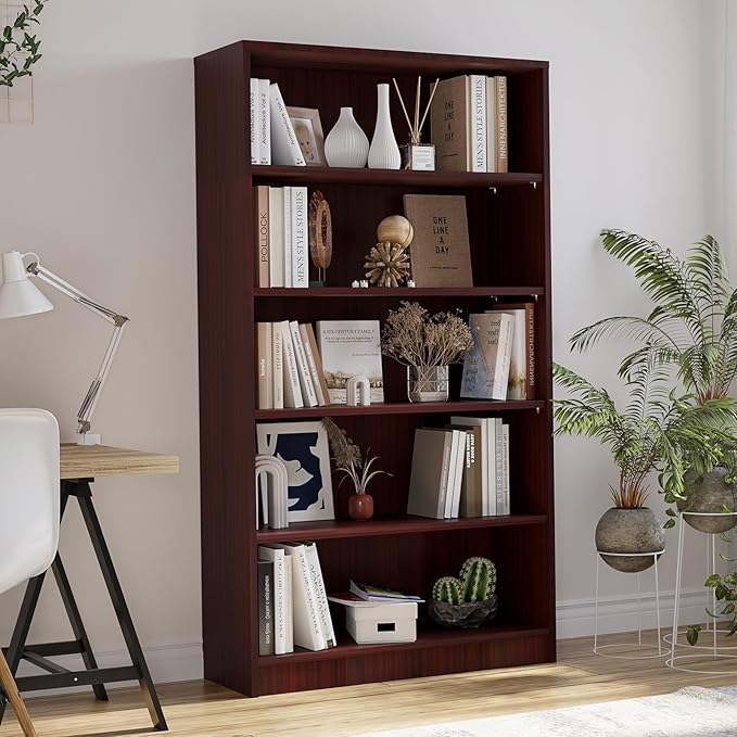 Farini 5 shelf boockase Display Bookcase Freestanding Wooden Bookshelves for Home Office Living Room,60 Inch Height,Mahogany - LeafyLoom