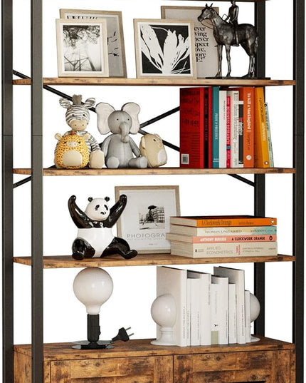 IRONCK Bookshelf and Bookcase with Adjustable 5 Shelves, 70" H x 31.5" W Wide Bookshelves with Door and Wheels, Vintage Brown - LeafyLoom
