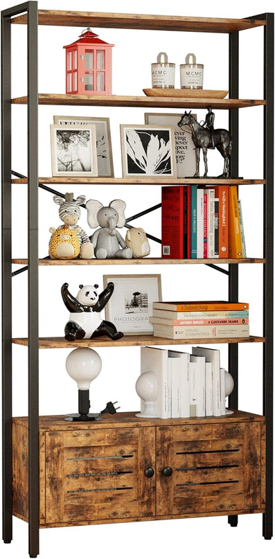 IRONCK Bookshelf and Bookcase with Adjustable 5 Shelves, 70" H x 31.5" W Wide Bookshelves with Door and Wheels, Vintage Brown - LeafyLoom