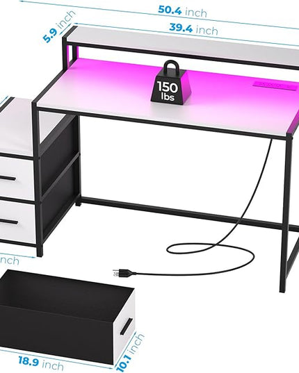 GreenForest Small Desk for Bedroom, 39.4 inch Computer Desk with 2 Drawers, Gaming Desk with LED Light and Power Outlet, Reversible Office Desk with Monitor Stand, Desk for Small Spaces, White - LeafyLoom