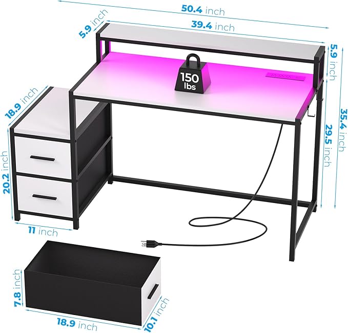GreenForest Small Desk for Bedroom, 39.4 inch Computer Desk with 2 Drawers, Gaming Desk with LED Light and Power Outlet, Reversible Office Desk with Monitor Stand, Desk for Small Spaces, White - LeafyLoom