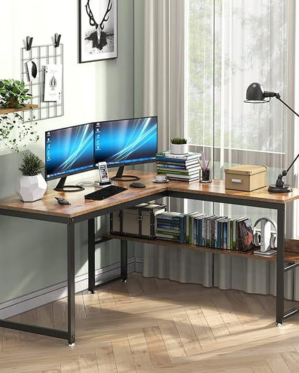L Shaped Desk, Office Computer Corner Desk, 55 inch Home Gaming Desk Table, Writing Study Workstation with Storage Shelves for Home Office, Space-Saving, Industrial, Rustic Brown - LeafyLoom