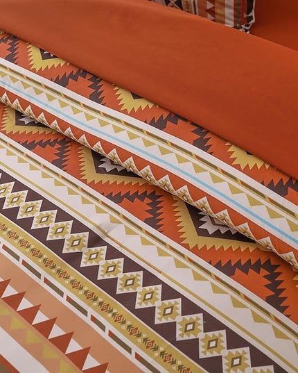 Dinjoy Queen Size Comforter Set Boho,Burn Orange Bed in a Bag Queen Striped Bedding Sets Terracotta Western Comforters with Sheets 7 Pieces Complete Set Aztec for All Seasons 90"x90" - LeafyLoom