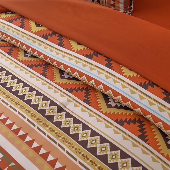 Burn Orange/Terracotta Comforter Set King, Boho Bed in A Bag King Size 7 Pieces Aztec Striped Bedding Set for Women Men Geometric Bohemian Complete Set (90"×104") - LeafyLoom