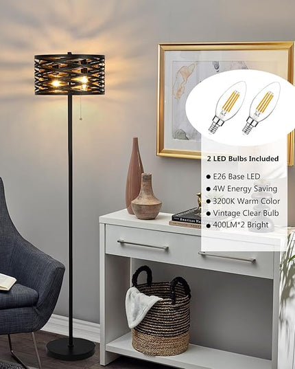 Industrial Floor Lamp for Living Room Black Standing Lamp Farmhouse Stand Up Lamp with Pull Chain Switch Tall Lamp for Bedroom Home Decor Vintage Rustic Unique Pole Lamps, Dual E12 Bulbs Included - LeafyLoom