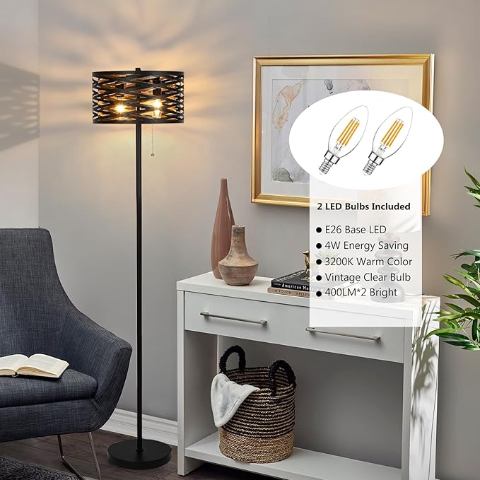 Industrial Floor Lamp for Living Room Black Standing Lamp Farmhouse Stand Up Lamp with Pull Chain Switch Tall Lamp for Bedroom Home Decor Vintage Rustic Unique Pole Lamps, Dual E12 Bulbs Included - LeafyLoom