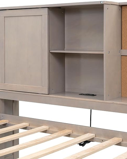 Twin Size Wooden Lounge Daybed with Storage Shelves, Cork Board, USB Ports and 3 Drawers, No Box Spring Needed, Antique Gray - LeafyLoom