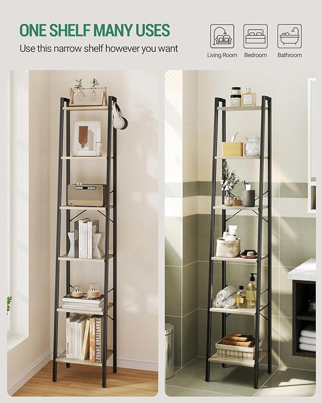 Ladder Shelf, Bookshelf Bookcase, Freestanding Corner Storage Shelve with 2 Hooks for Home Office, Living Room, Kitchen, Bedroom, Industrial, 6-Tier Greige BC13305B - LeafyLoom
