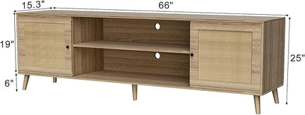 Media TV Stands for 75+ Inch TV,Entertainment Center with Adjustable Shelf, Rattan TV Console with 2 Cabinets,Mid Century Modern TV Console Table for Living Room Bedroom - LeafyLoom