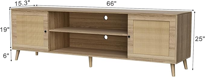 Media TV Stands for 75+ Inch TV,Entertainment Center with Adjustable Shelf, Rattan TV Console with 2 Cabinets,Mid Century Modern TV Console Table for Living Room Bedroom - LeafyLoom