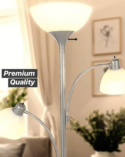 Brightech Sky Dome Double LED Floor lamp, Torchiere Super Bright Floor Lamp with 2 Reading Lamps for Living Rooms & Offices - Dimmable Tall Standing Lamp for Bedroom Reading - Tall Silver Pole - LeafyLoom