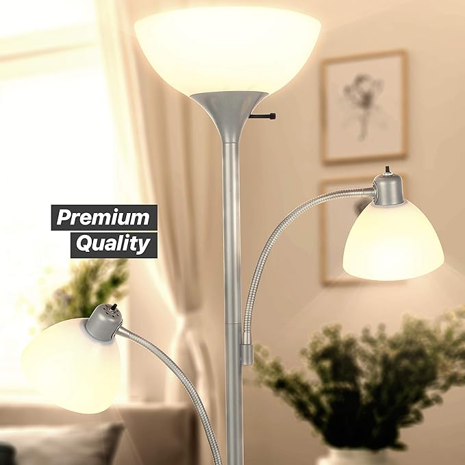 Brightech Sky Dome Double LED Floor lamp, Torchiere Super Bright Floor Lamp with 2 Reading Lamps for Living Rooms & Offices - Dimmable Tall Standing Lamp for Bedroom Reading - Tall Silver Pole - LeafyLoom