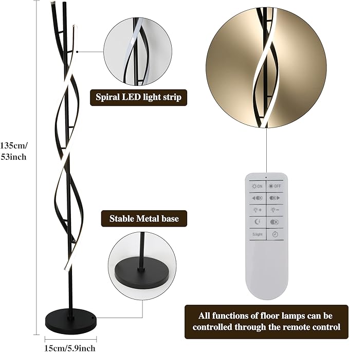JUTIFAN LED Spiral Floor Lamps for Living Room with Remote, 35W Dimmable Standing Lamp for Living Room, 53" LED Modern Corner Floor Lamp, 3 Color Adjustable Corner Modern Reading lamp for Bedroom - LeafyLoom