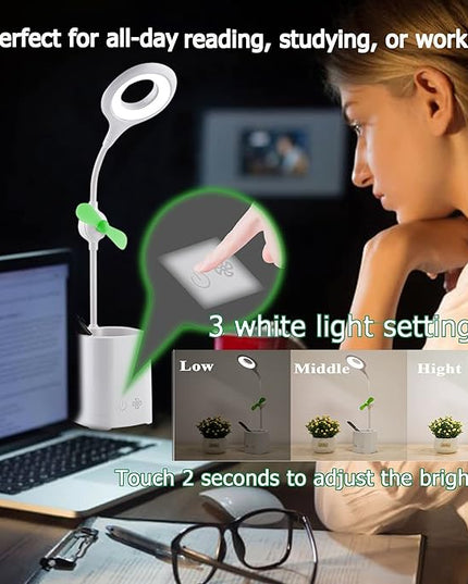 Led Desk Lamps, Small Cute Desk Lamp with 3 Lighting Modes, Modern Desk Ring Night Light with Pen Holder and Green Mini Fan for Home Office Bedroom - LeafyLoom