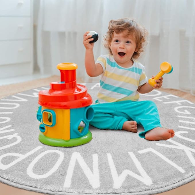 Topotdor Round Kids Play Rug Alphabet Nursery Area Rug Extra Large Soft Crawling Play Mat for Children Toddlers Bedroom (63 inch, Grey) - LeafyLoom