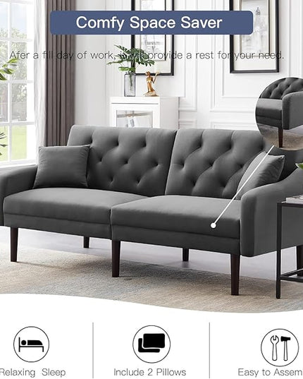 Mid-Century Modern Tufted Loveseat Sofa Living Room Furniture Sets with Adjusting Backrest & 2 Pillows Small Comfy Couch for Bedroom Apartment, Home Office Sofá, Gray-4 - LeafyLoom