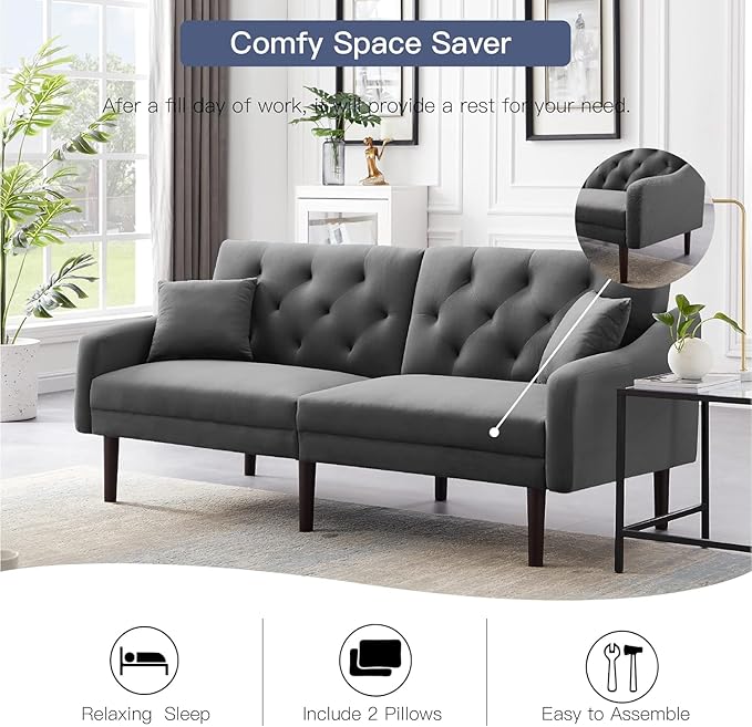 Mid-Century Modern Tufted Loveseat Sofa Living Room Furniture Sets with Adjusting Backrest & 2 Pillows Small Comfy Couch for Bedroom Apartment, Home Office Sofá, Gray-4 - LeafyLoom
