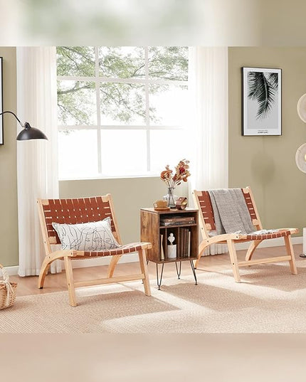 Modern Leather Accent Chairs for Living Room, Mid Century Lounge Chair, Side Brown Leather Chair Indoor Boho Scandinavian Cognac Woven Rattan Faux Leather Accent Chair - LeafyLoom