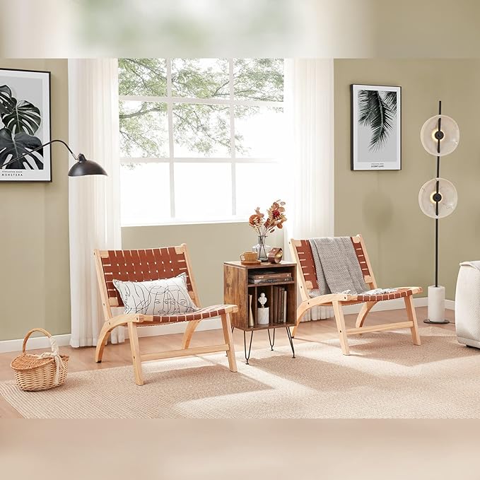 Modern Leather Accent Chairs for Living Room, Mid Century Lounge Chair, Side Brown Leather Chair Indoor Boho Scandinavian Cognac Woven Rattan Faux Leather Accent Chair - LeafyLoom