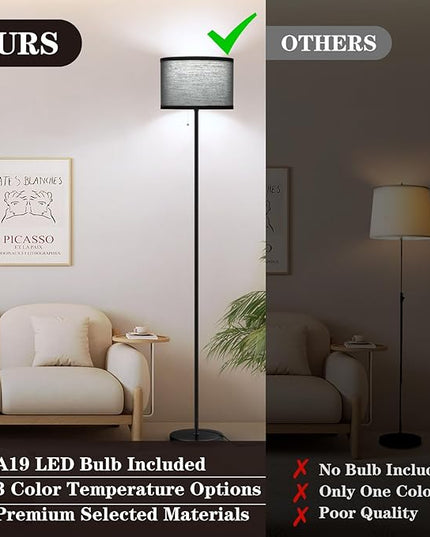 LED Floor Lamp for Living Room, Simple Design Tall Lamp for Bedroom, Modern Floor Lamp with Shade, Black Pole Lamp with Drum Shade, Pull Chain Standing Lamp for Kids Room Dining Room (Bulb Included) - LeafyLoom