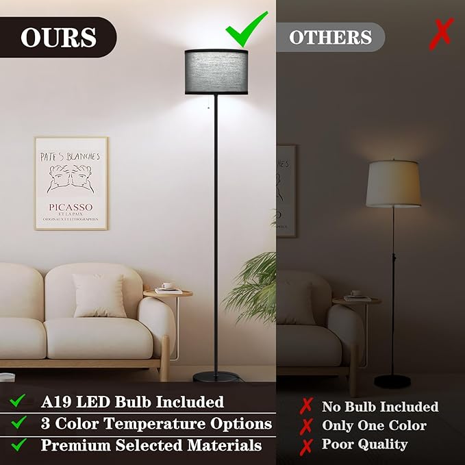 LED Floor Lamp for Living Room, Simple Design Tall Lamp for Bedroom, Modern Floor Lamp with Shade, Black Pole Lamp with Drum Shade, Pull Chain Standing Lamp for Kids Room Dining Room (Bulb Included) - LeafyLoom