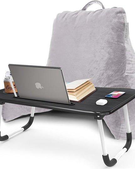 Clara Clark Reading Pillow with Portable Lap Desk for laptop Set, Back Pillow for Sitting Up in Bed, Memory Foam Back Support Pillow Bed Rest Pillow with Foldable Laptop Desk, Standard - Grey Lavender - LeafyLoom
