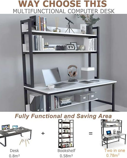 Aquzee Computer Desk with Hutch and Bookshelf, 47 inch Wide White Home Office Desk with 3 Tier Storage Shelves, for Study Writing Work, Easy Assemble - LeafyLoom