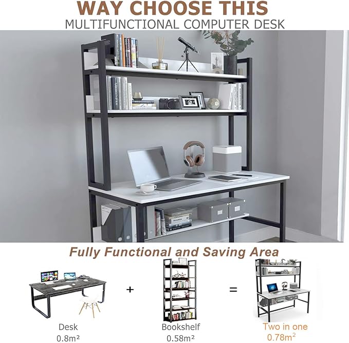 Aquzee Computer Desk with Hutch and Bookshelf, 47 inch Wide White Home Office Desk with 3 Tier Storage Shelves, for Study Writing Work, Easy Assemble - LeafyLoom