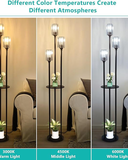HMVPL Crystal Floor Lamp with Shelves, Modern Floor Lamps for Living Room, 3-Light Standing Lamps with Table, Black Floor Lamp with Crystal Shade, On/Off Foot Switch, Corner Floor Lamp for Bedroom - LeafyLoom