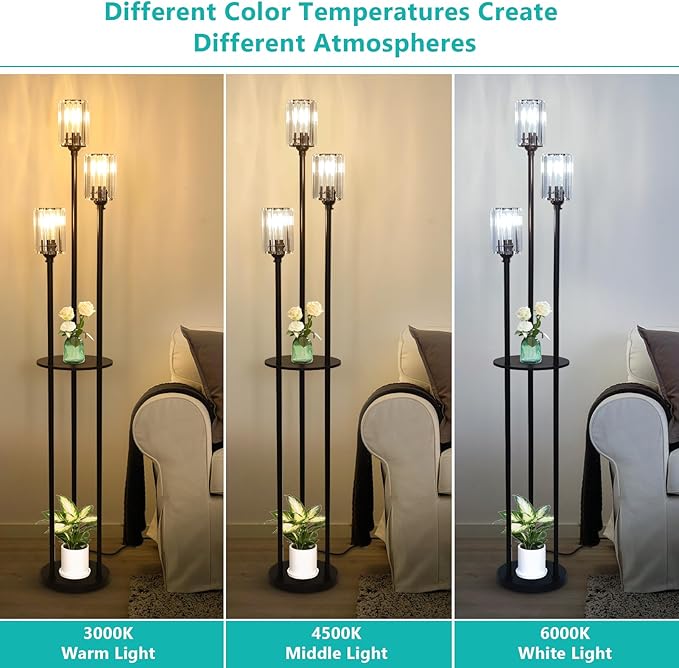 HMVPL Crystal Floor Lamp with Shelves, Modern Floor Lamps for Living Room, 3-Light Standing Lamps with Table, Black Floor Lamp with Crystal Shade, On/Off Foot Switch, Corner Floor Lamp for Bedroom - LeafyLoom