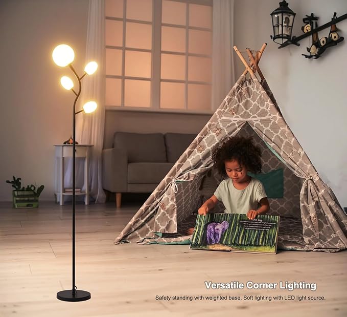Modern Black 4 Globe Floor Lamp for Living Room - Contemporary Tree Floor Lamp with White Frosted Glass Shade and LED Bulbs, Mid Century Modern Standing Lamp for Bedroom & Home Office - LeafyLoom