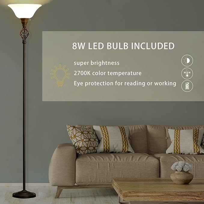 Floor Lamp for Living Room, 72" Modern Bedroom Standing Lamp with 8W LED Bulb, 3000K Eye Protection Torchiere Floor Lamp for Bedroom, Office, Living Room(Red Brown) - LeafyLoom