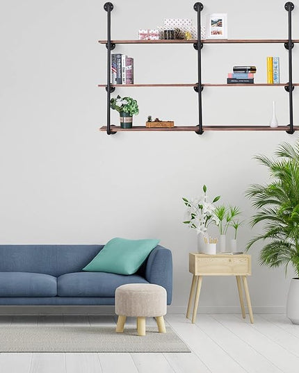 Pynsseu Industrial Iron Pipe Shelving Brackets Unit, Farmhouse Wall Mounted Pipe Shelves for Kitchen Bathroom, DIY Bookshelf Living Room Storage, 3Pack of 4 Tier - LeafyLoom