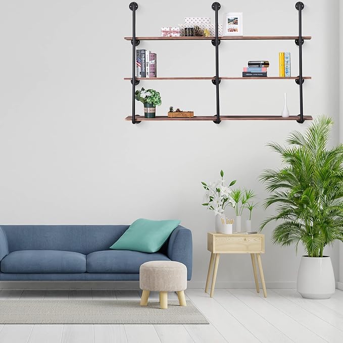 Pynsseu Industrial Iron Pipe Shelving Brackets Unit, Farmhouse Wall Mounted Pipe Shelves for Kitchen Bathroom, DIY Bookshelf Living Room Storage, 3Pack of 4 Tier - LeafyLoom
