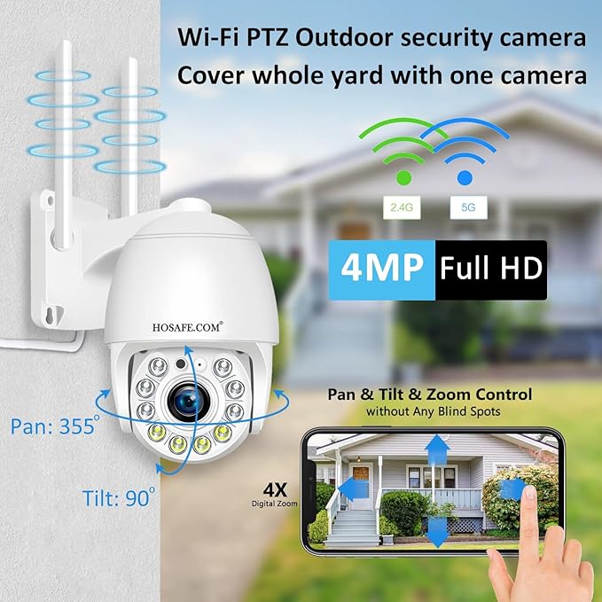 Security Camera Outdoor 2K 4MP, Hosafe WiFi Home Security System Video Surveillance IP Camera, Floodlight Motion Detection, Pan Tilt Auto Tracking, Two Way Audio, Color Night Vision, Waterproof HOSAFE