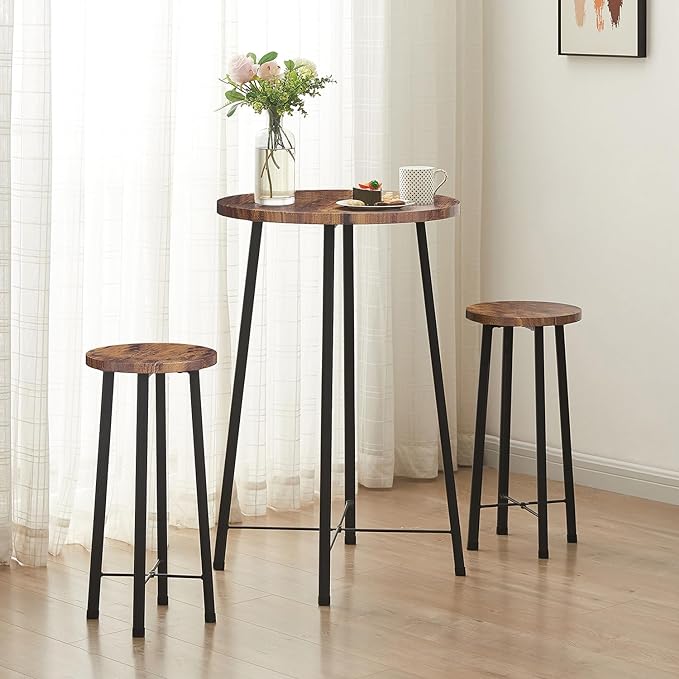 VECELO Small Bar Table and Chairs, Round Bistro Sets with 2 barstools, 3-Piece Pub Dining Furniture, Counter Height Wood Top for Breakfast Dinner Coffee Nap Conference, Easy Assembly, Brown - LeafyLoom