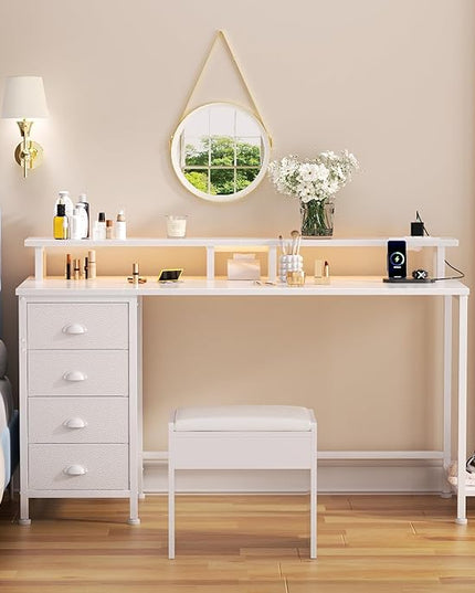 Furologee 55in Computer Desk with 4 Drawers, LED Gaming Desk with Power Outlets, Office Desk with Full Monitor Stand and Storage Shelf, Study Work Desk for Home Office Bedroom, White - LeafyLoom
