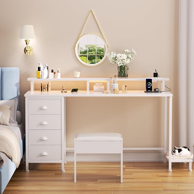 Furologee 55in Computer Desk with 4 Drawers, LED Gaming Desk with Power Outlets, Office Desk with Full Monitor Stand and Storage Shelf, Study Work Desk for Home Office Bedroom, White - LeafyLoom