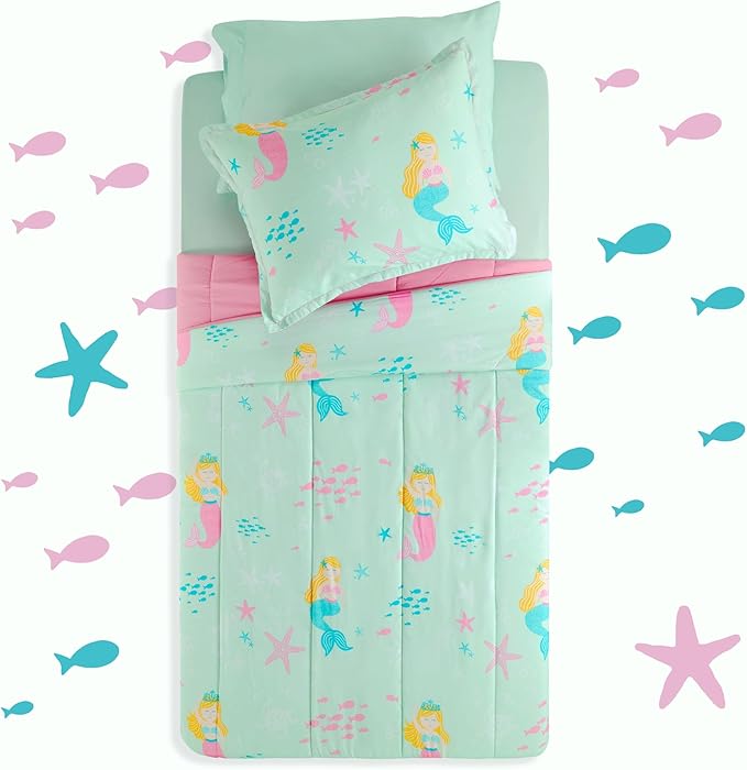 SLEEP ZONE 3 Pieces Comforter Set, Breathable & Super Soft All Season Kids Comforter Set, Cartoon Design for Children, Girls, Easy Care, Washable (Mermaid Princess, Full/Queen) - LeafyLoom