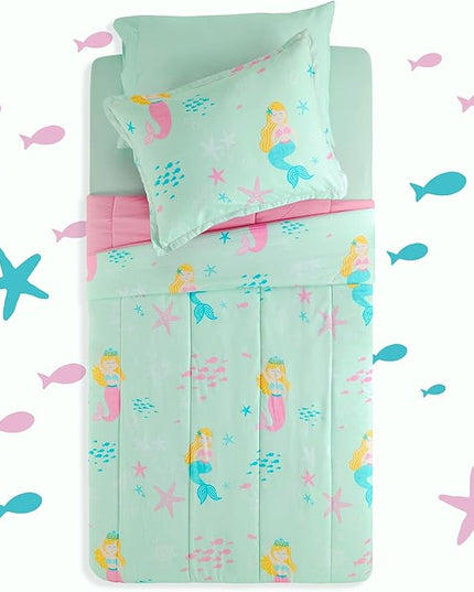 SLEEP ZONE Kids Bedding Comforter Set, Cute Pattern & Super Soft 2 Pieces Bedding Sets, All Season for Girls, 1 Comforter, 1 Pillowcase, Fade Resistant (Mermaid Princess, Twin) - LeafyLoom