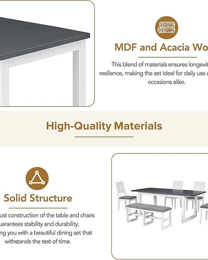 78Inch Dining Table Set for 6, Extendable Dining Table with 18" Butterfly Leaf, 4 Upholstered Dining Chairs and Bench, Kitchen Table Set for Dining Room, White+Grey - LeafyLoom