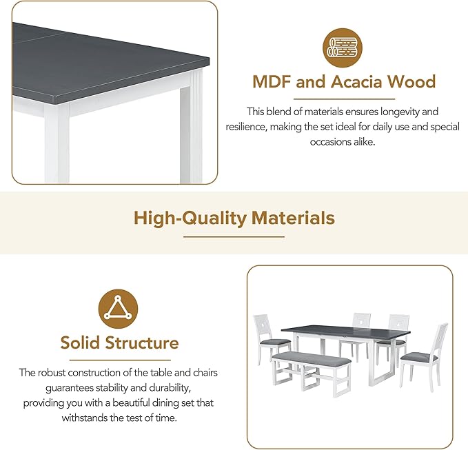 6-Piece Dining Set, Wood Extendable 78inch Kitchen Table with 18" Butterfly Leaf, 4 Upholstered Chairs & Long Bench, Dark Gray+White, 60"-78" L x 36" W x 30" H - LeafyLoom