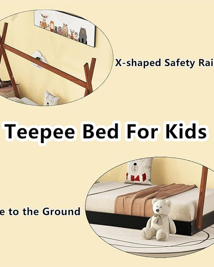 Bellemave Twin Size Tent Floor Bed Frame with Triangle Structure, Teepee Bed Platform Bed for Kids,Montessori Floor Bed for Girls Boys(Twin,Black+Brown) - LeafyLoom