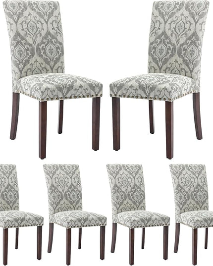 COLAMY Upholstered Parsons Dining Chairs Set of 6, Fabric Dining Room Kitchen Side Chair with Nailhead Trim and Wood Legs - Grey/White Flower - LeafyLoom