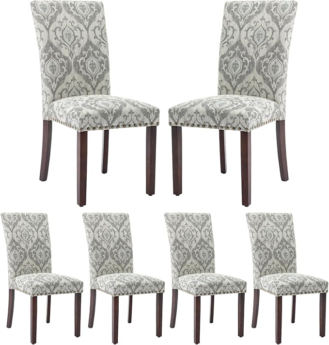 COLAMY Upholstered Parsons Dining Chairs Set of 6, Fabric Dining Room Kitchen Side Chair with Nailhead Trim and Wood Legs - Grey/White Flower - LeafyLoom