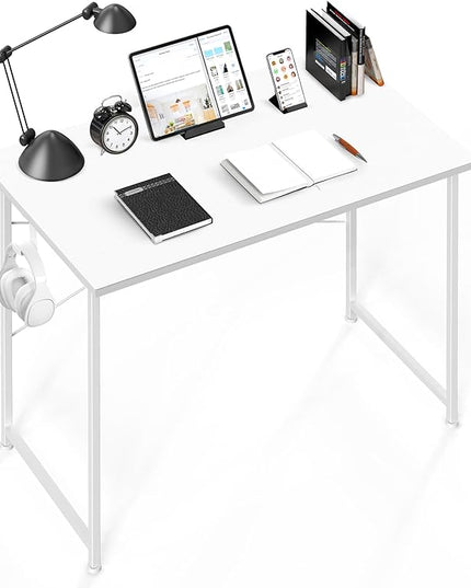 YSSOA Computer Desk Home Office Work Study Writing Modern Simple Table with Headphone Hooks, 40 Inch, Basic White - LeafyLoom